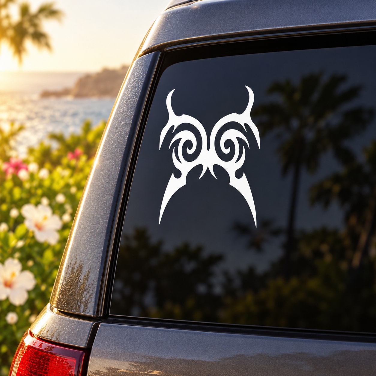 Tribal bladed butterfly decal, white tribal insect graphic on dark car window