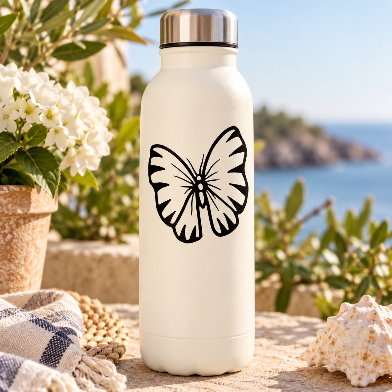 Tiger butterfly decal on a white bottle with a bold black wing graphic
