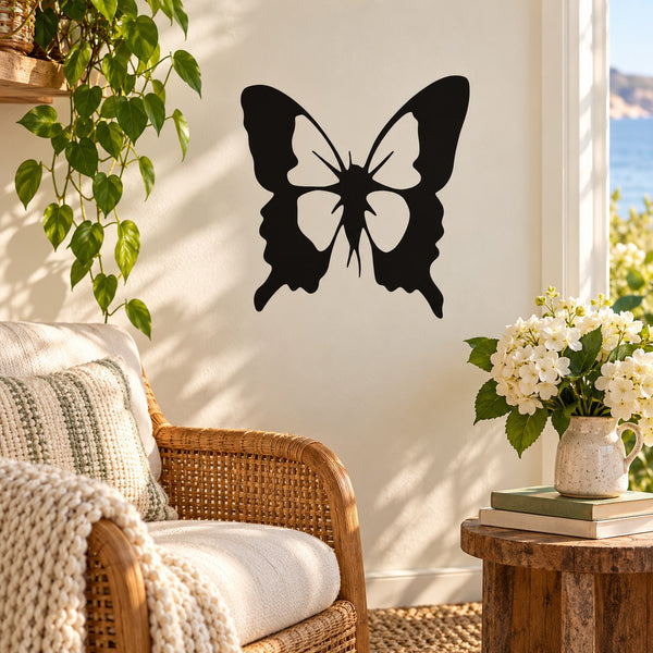 Butterfly wall decal with black silhouette and white wing accents