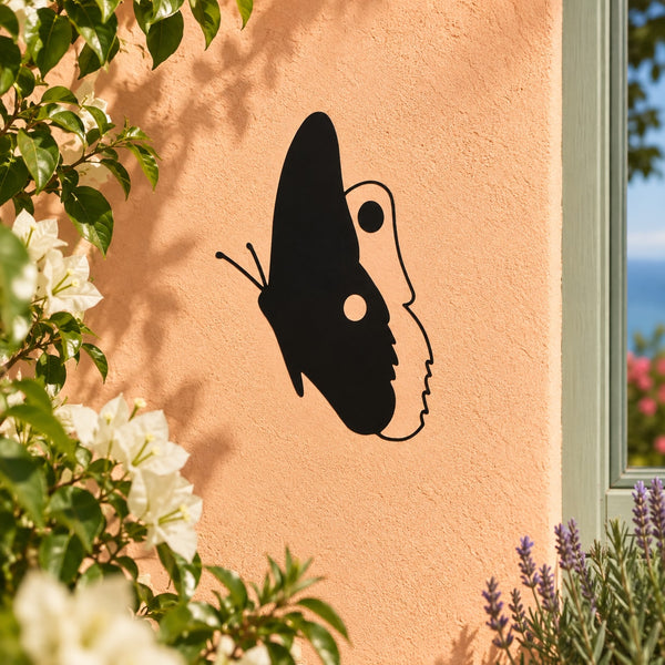Contrasting wings butterfly decal, black silhouette with curled antenna and wing outline.
