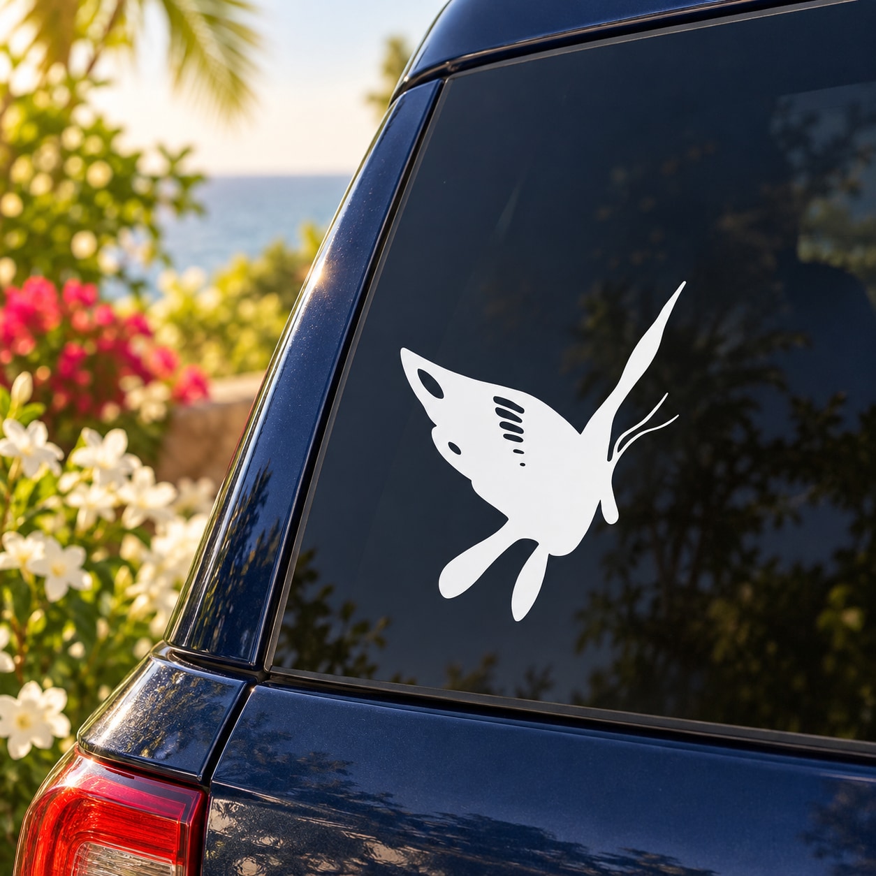 White butterfly decal on dark car window