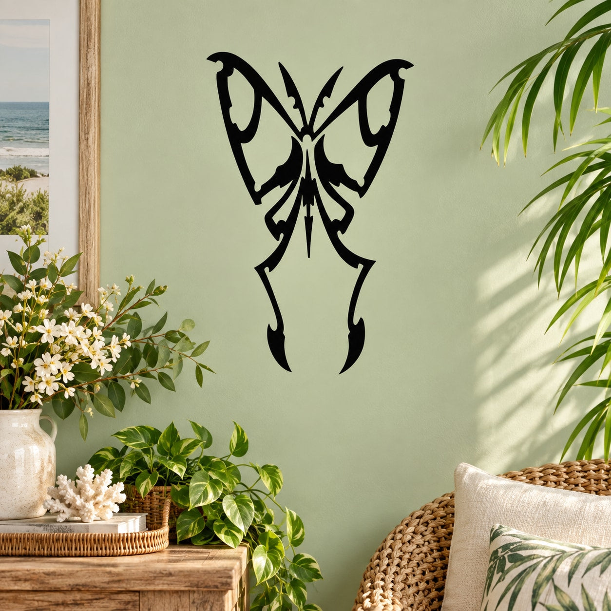 Tall tribal butterfly wall decal, black