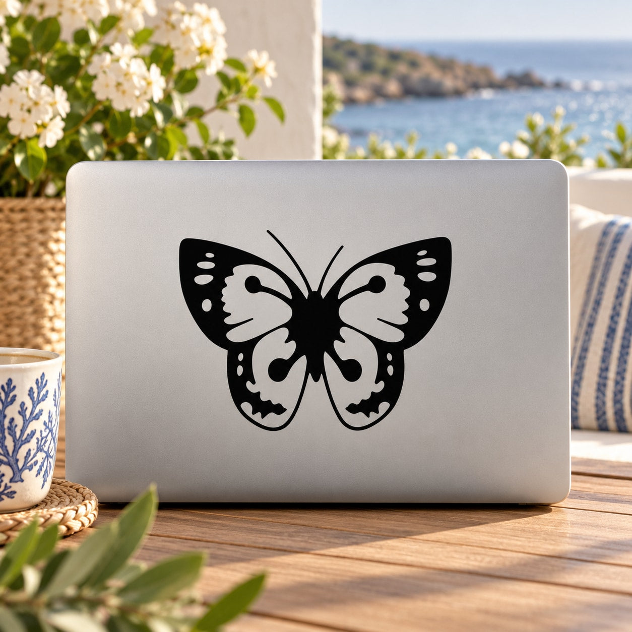 Black butterfly wall decal with thick body and white dotted wing accents