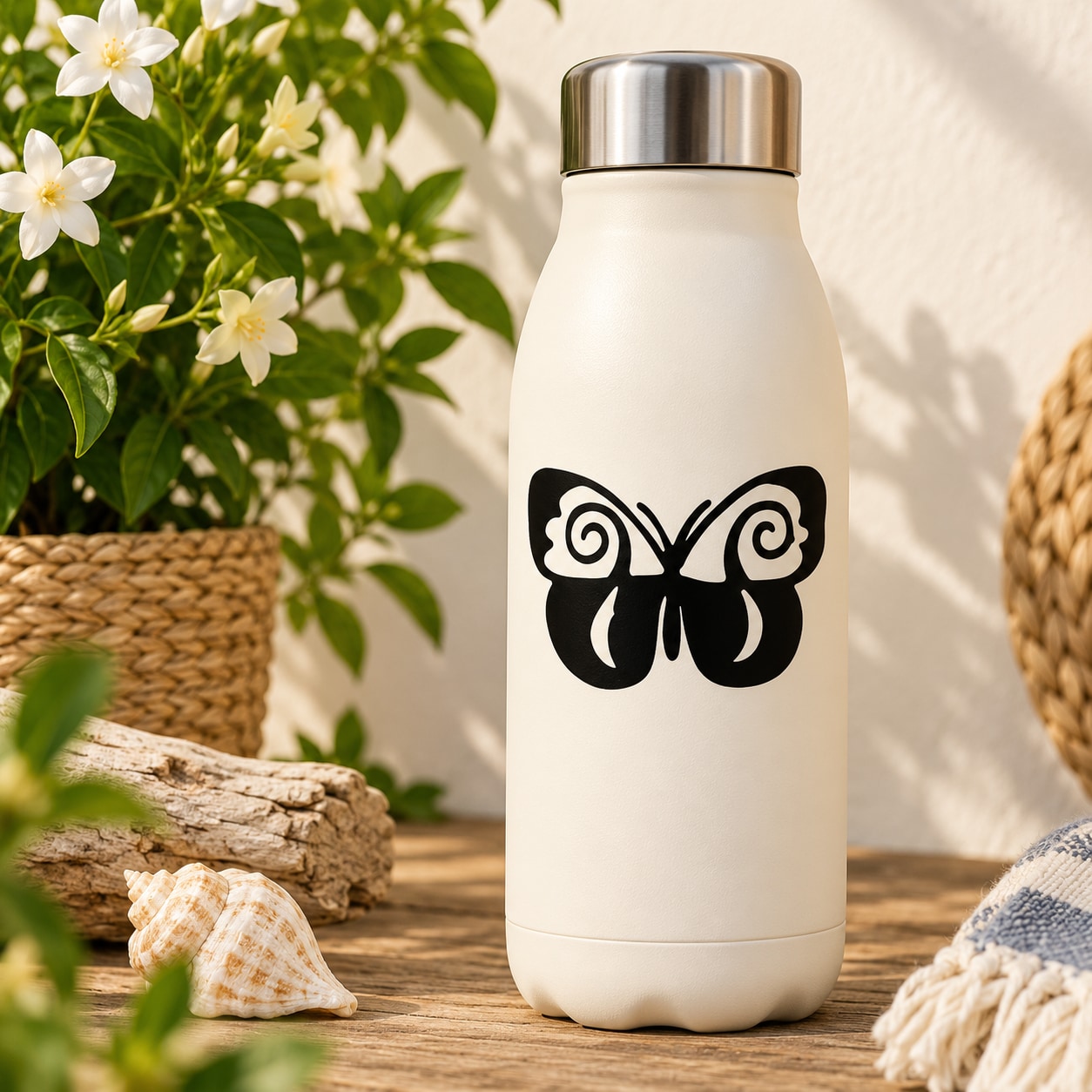 Black post-modern butterfly decal with curled wing details on a white bottle
