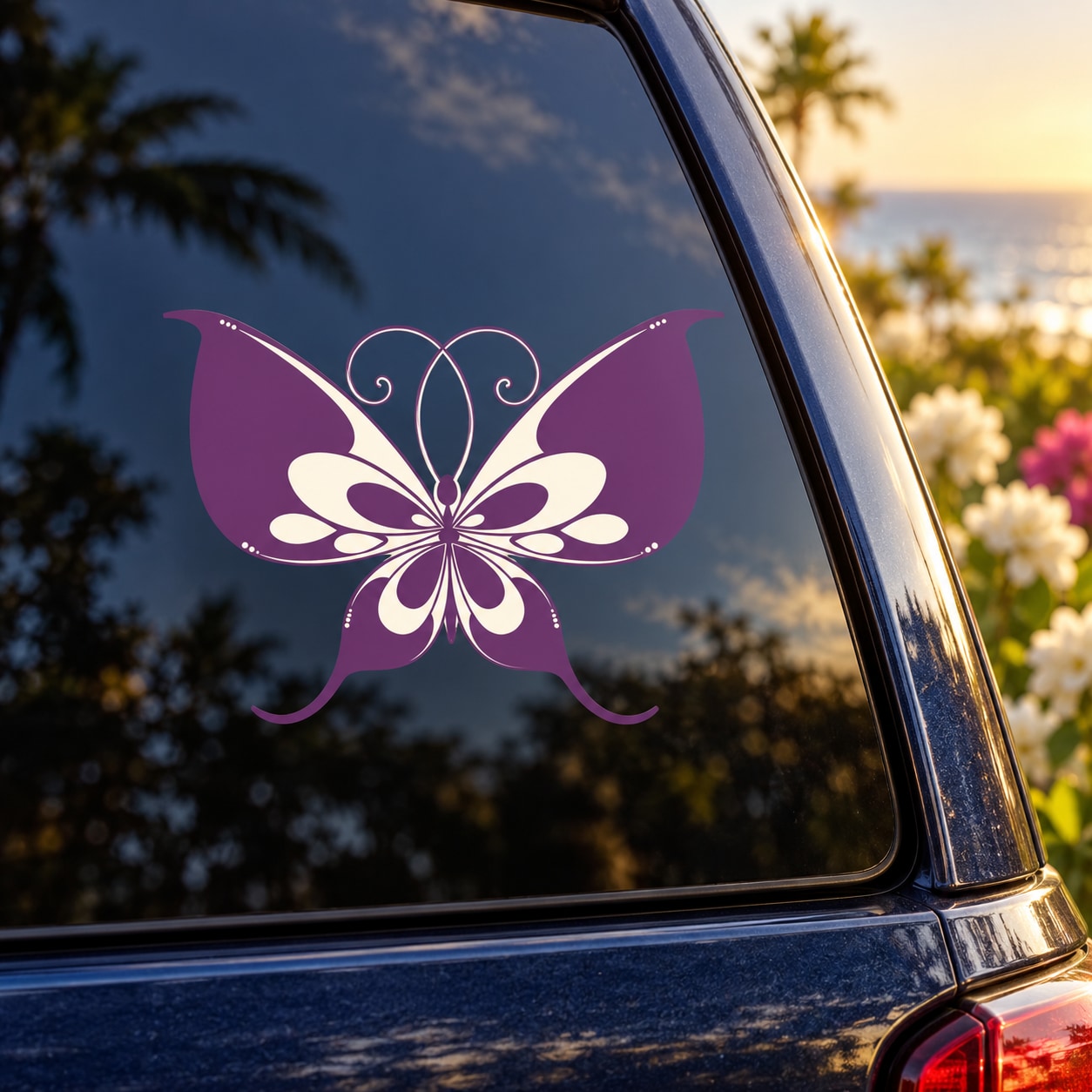 Purple butterfly vinyl decal with ornate symmetrical wings for car or wall