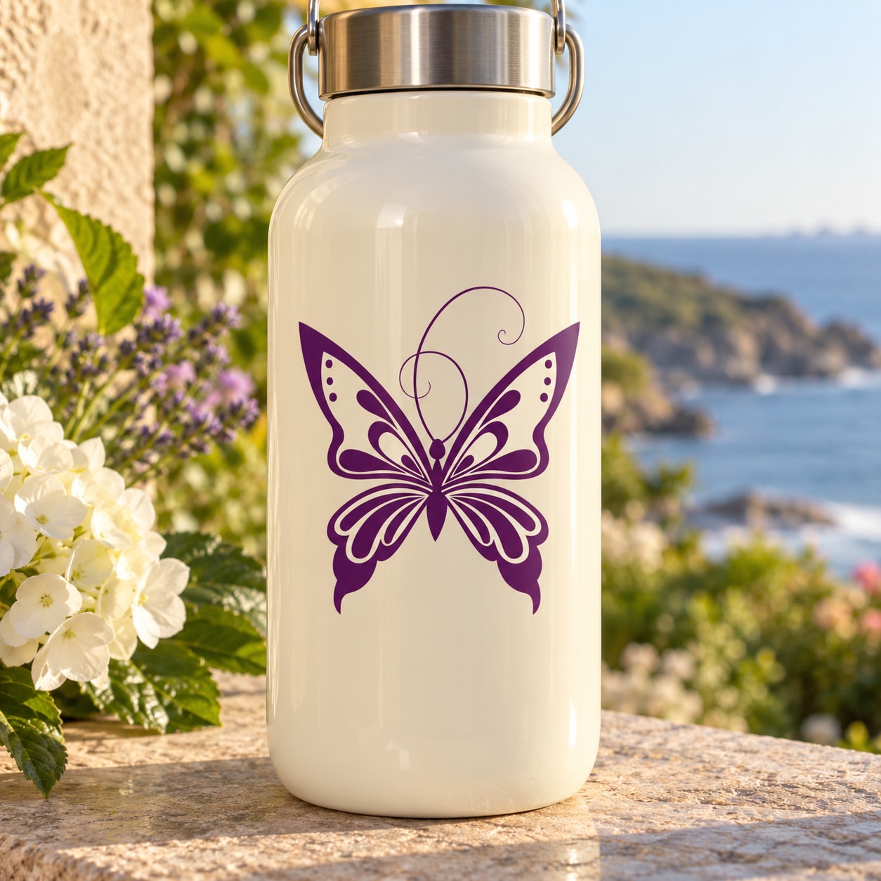 Purple butterfly vinyl decal with decorative swirls and antennae