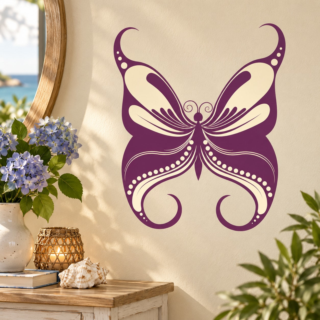 Purple butterfly wall decal with ornamental swirl and dot details, vinyl sticker
