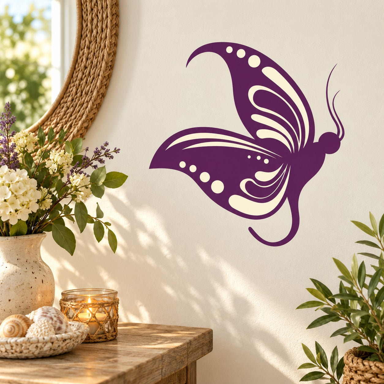 Purple butterfly vinyl wall decal with decorative dot and swirl wings