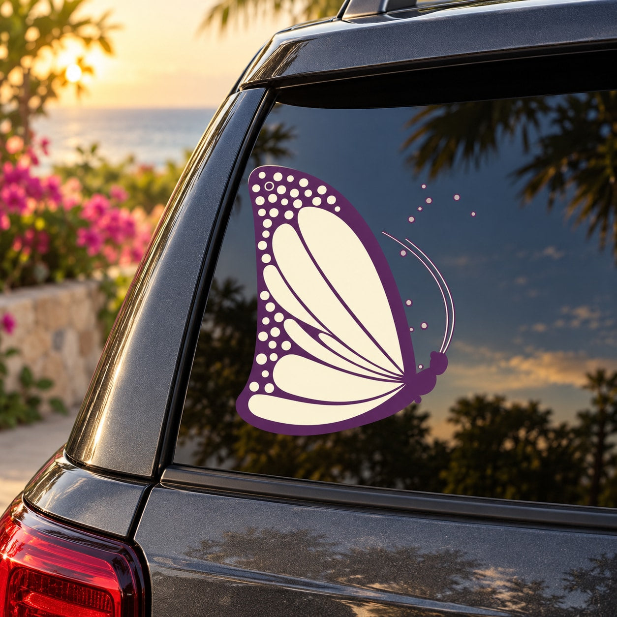 Purple and white butterfly vinyl decal sticker on car window