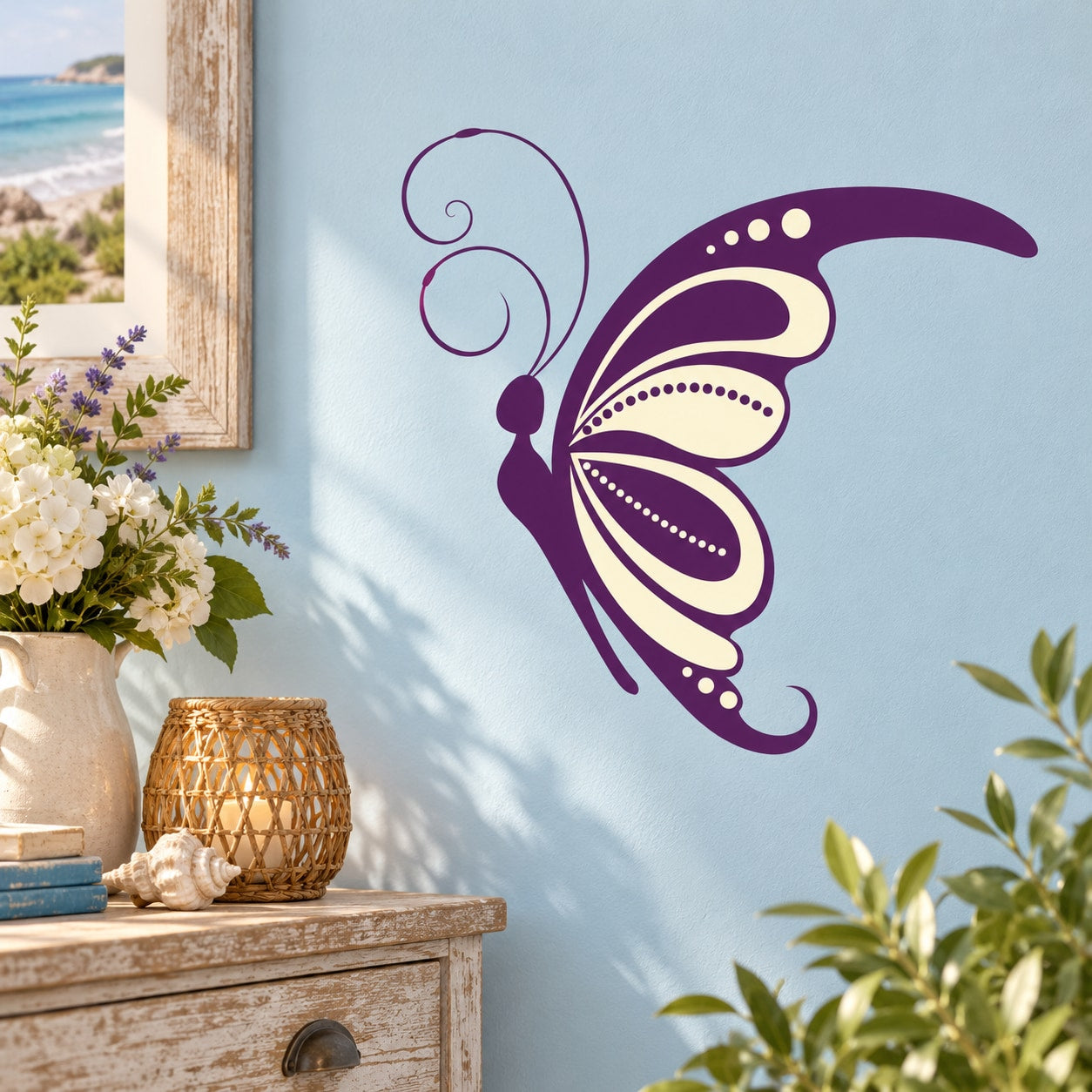 Purple butterfly vinyl wall decal with dotted wing details and curled antennae