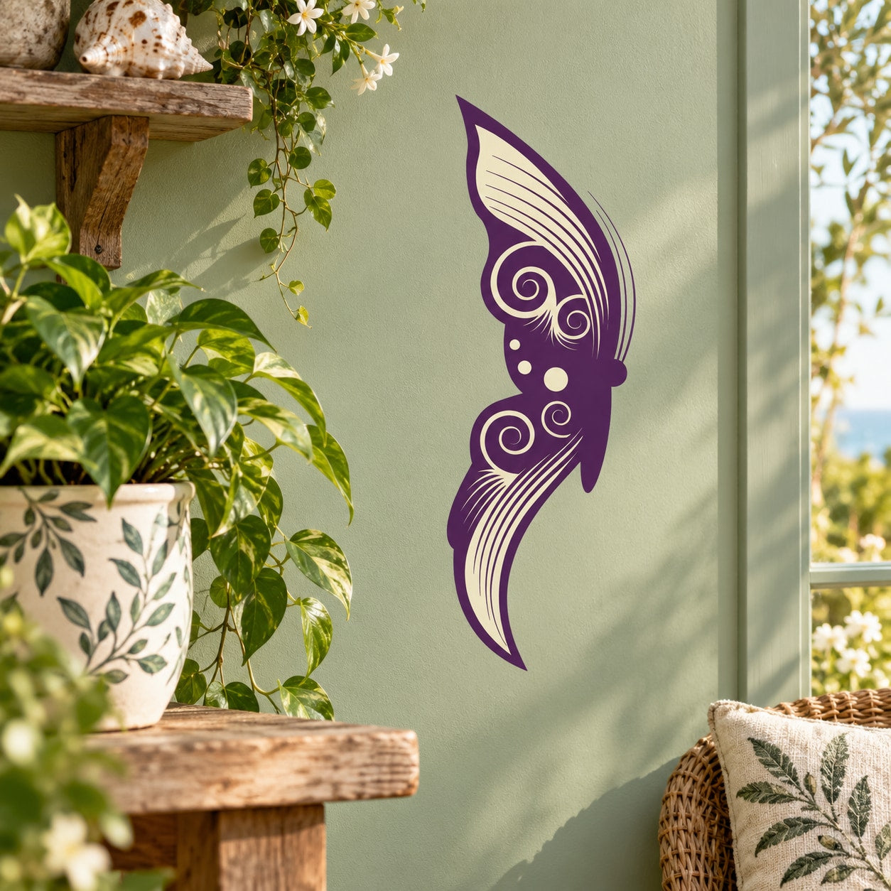 Purple butterfly vinyl wall decal with curled swirl details