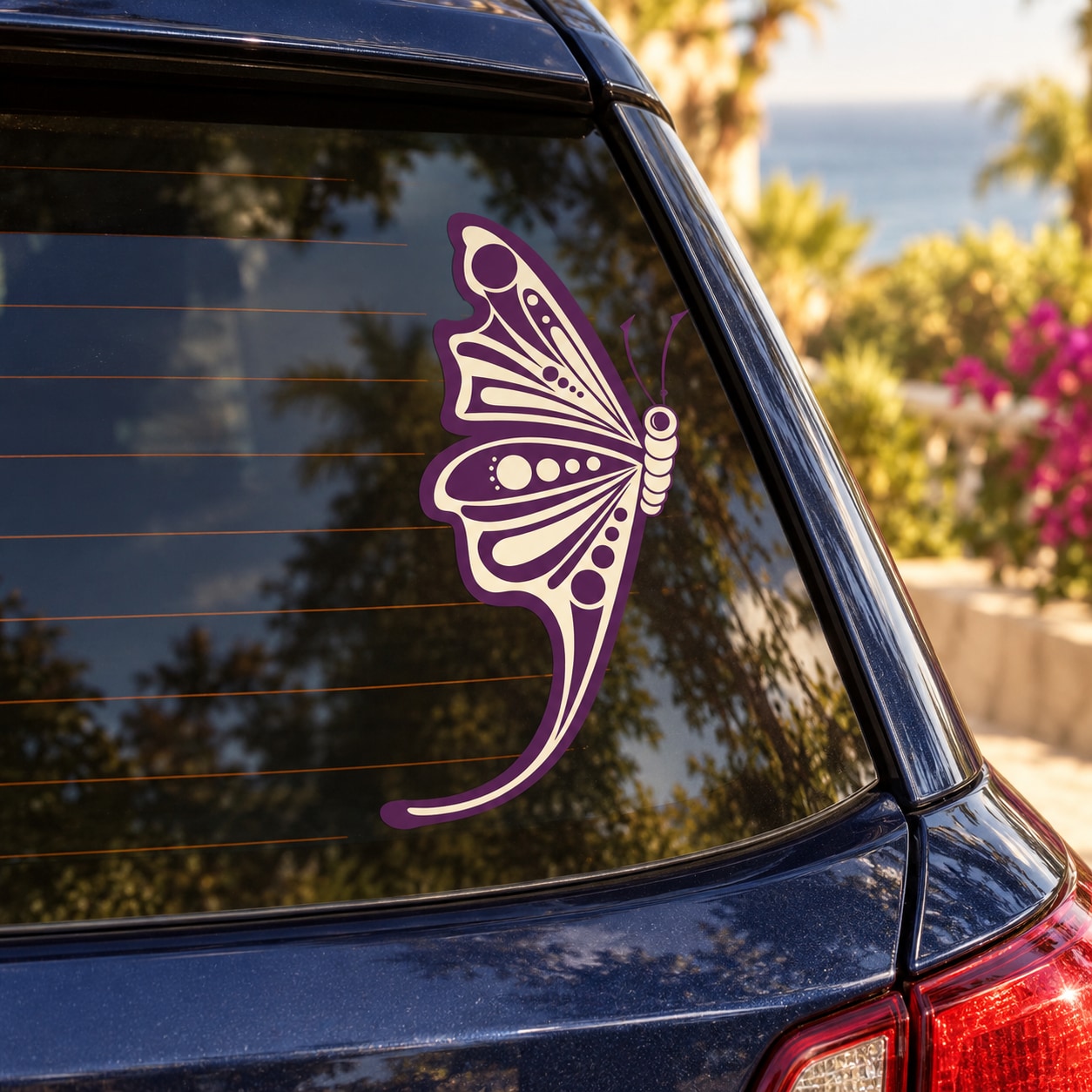 Purple butterfly vinyl decal on car window