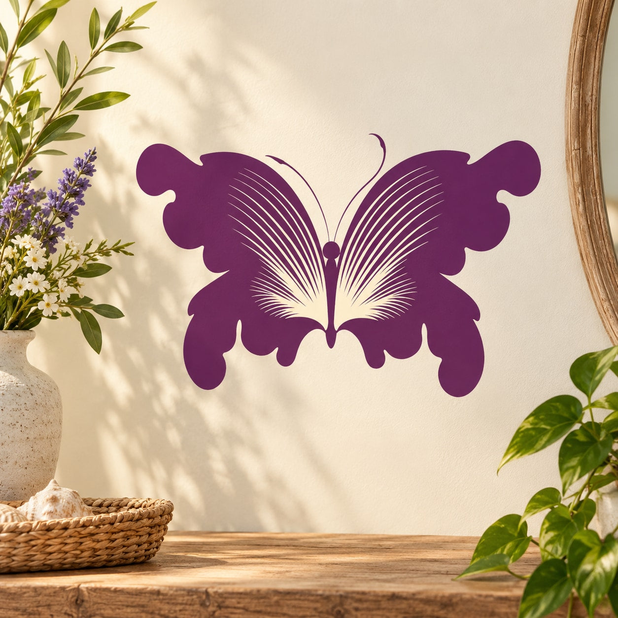 Purple butterfly wall decal with detailed wing lines, vinyl sticker