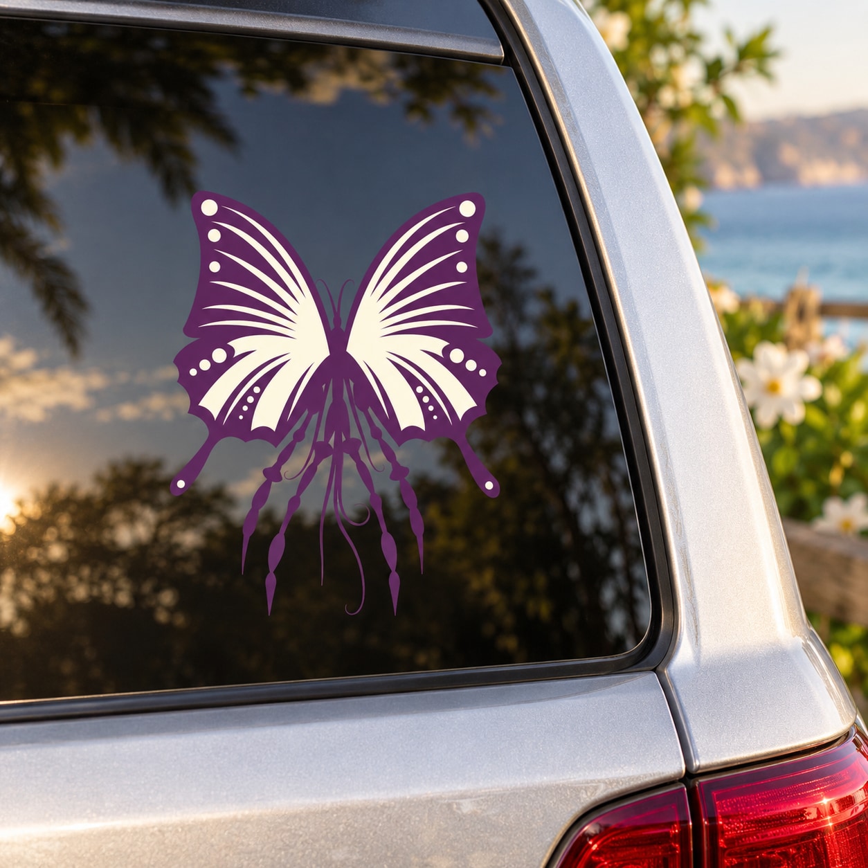 Purple butterfly vinyl decal with symmetrical wings and dangling accents on car window
