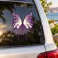 Purple butterfly vinyl decal with symmetrical wings and dangling accents on car window
