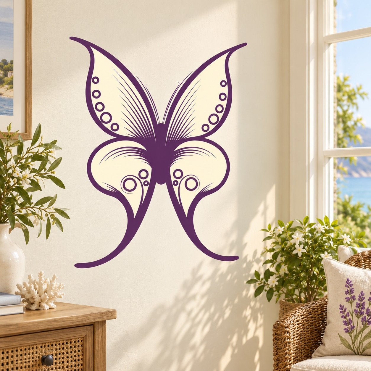 Purple butterfly vinyl wall decal with symmetrical wing details and small dot accents