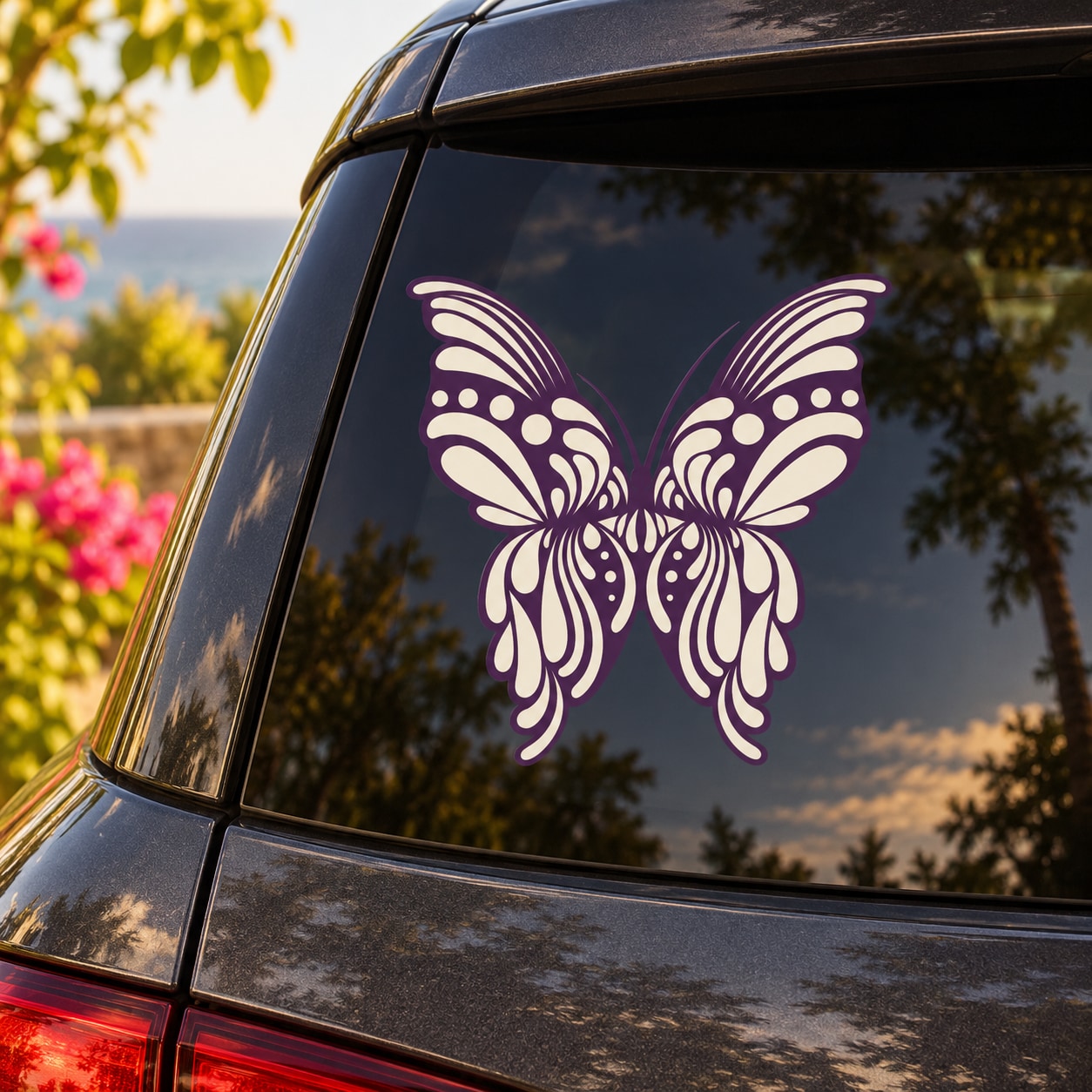 Purple butterfly vinyl decal on dark car window glass