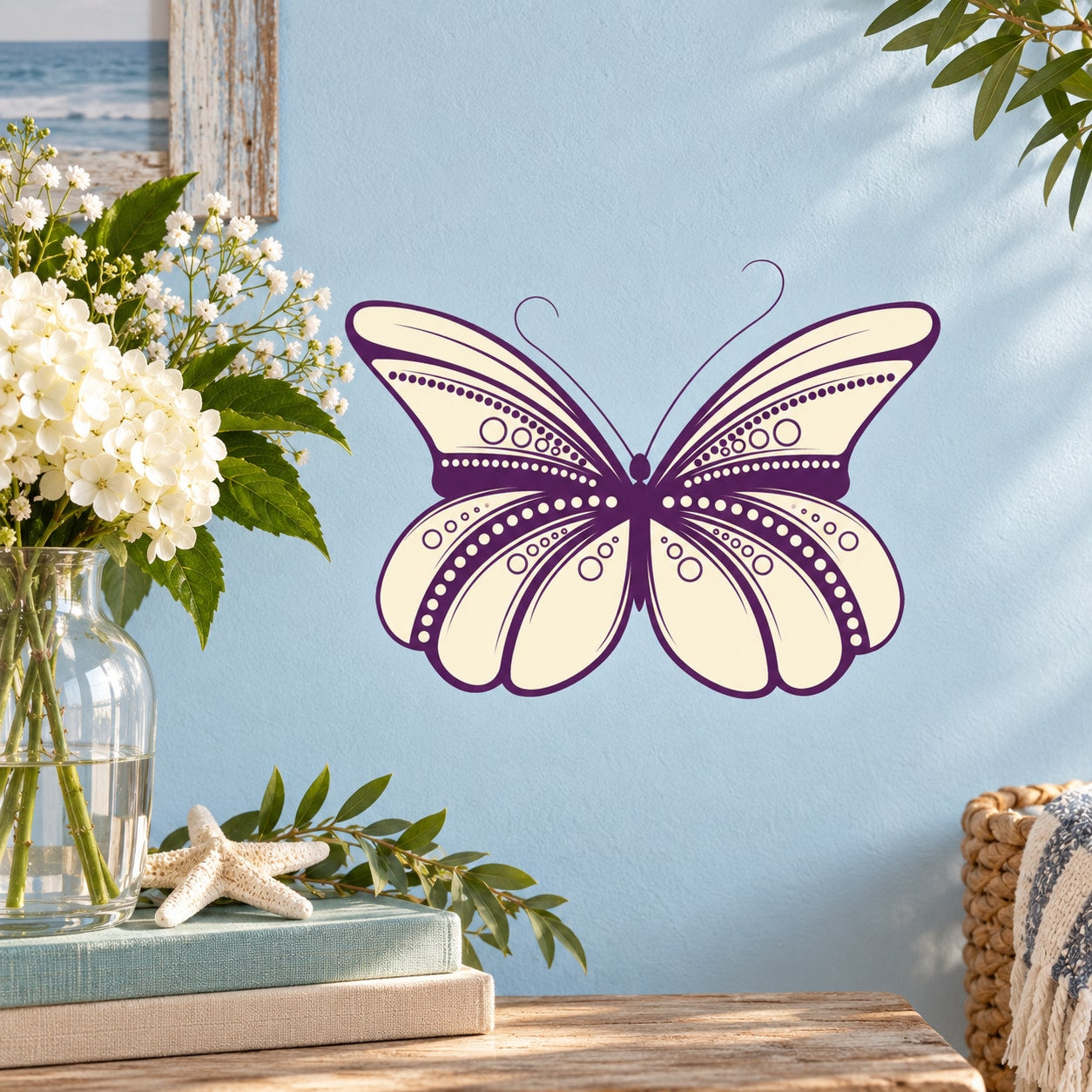Butterfly vinyl wall decal with purple and cream wings, star and dot details