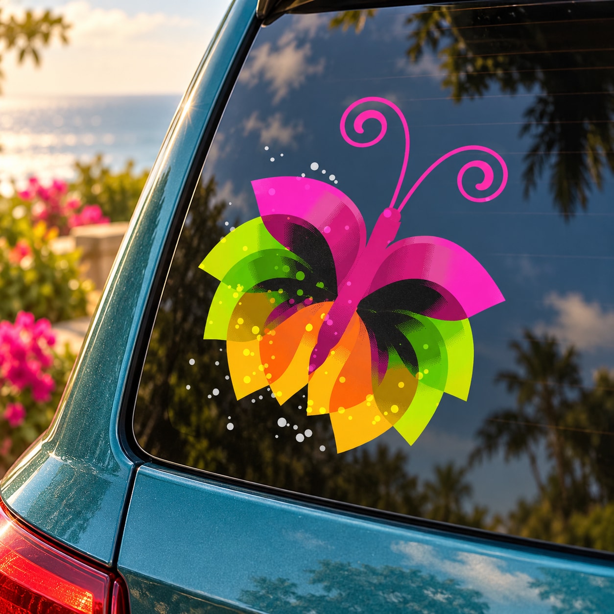 Colorful butterfly vinyl decal with swirls on car window