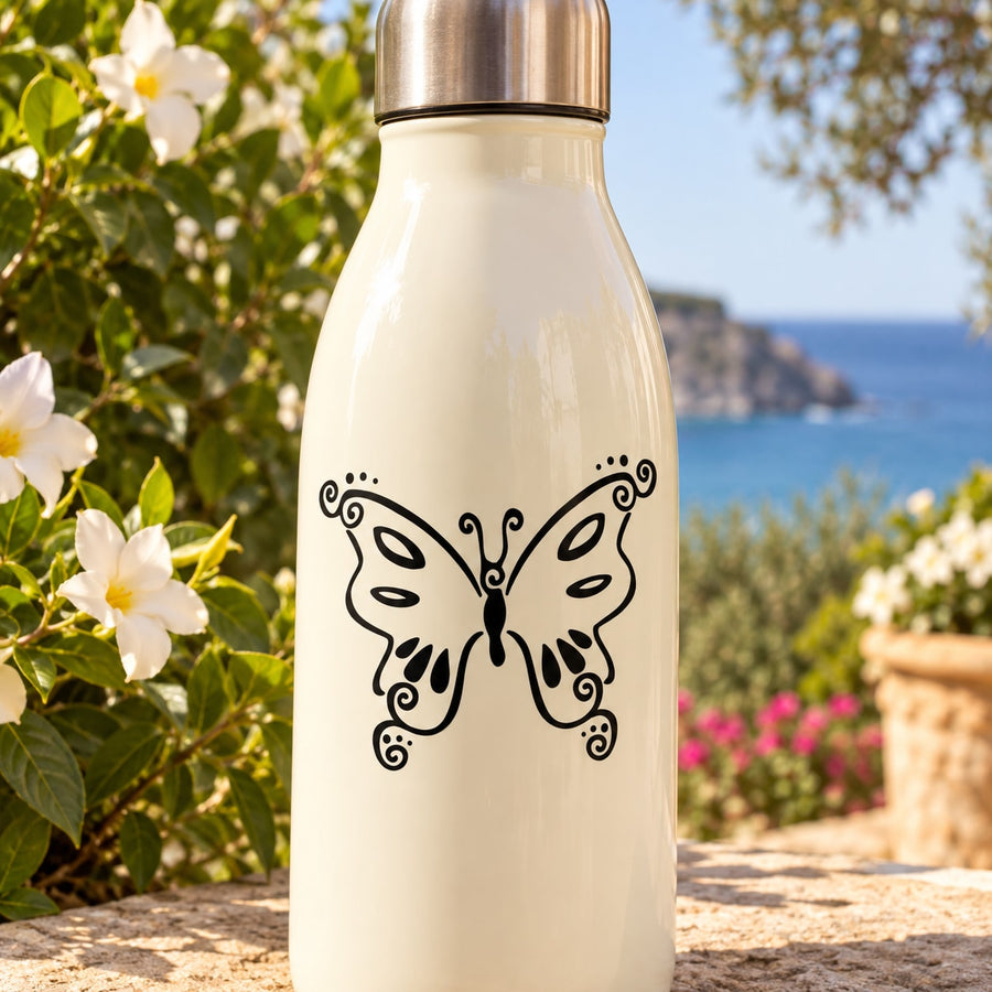 Butterfly vinyl decal with black ornate outline, symmetrical wings, swirl details