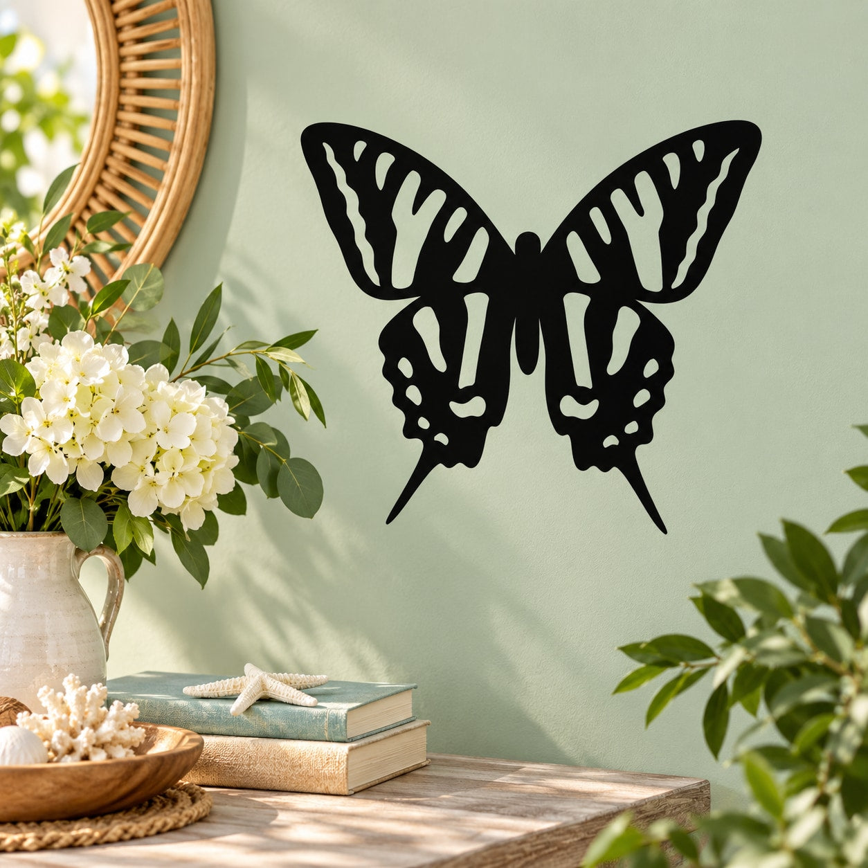 Black butterfly vinyl wall decal with stylized wings, adhesive for smooth surfaces