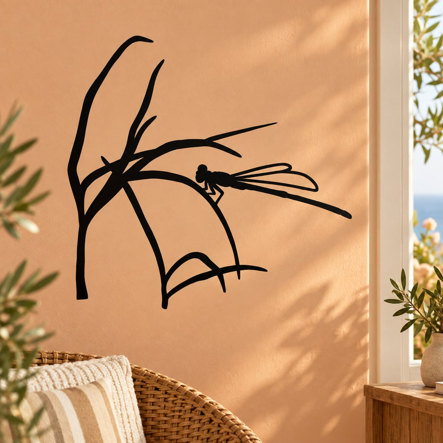 Black dragonfly on stick wall decal with plant branch design