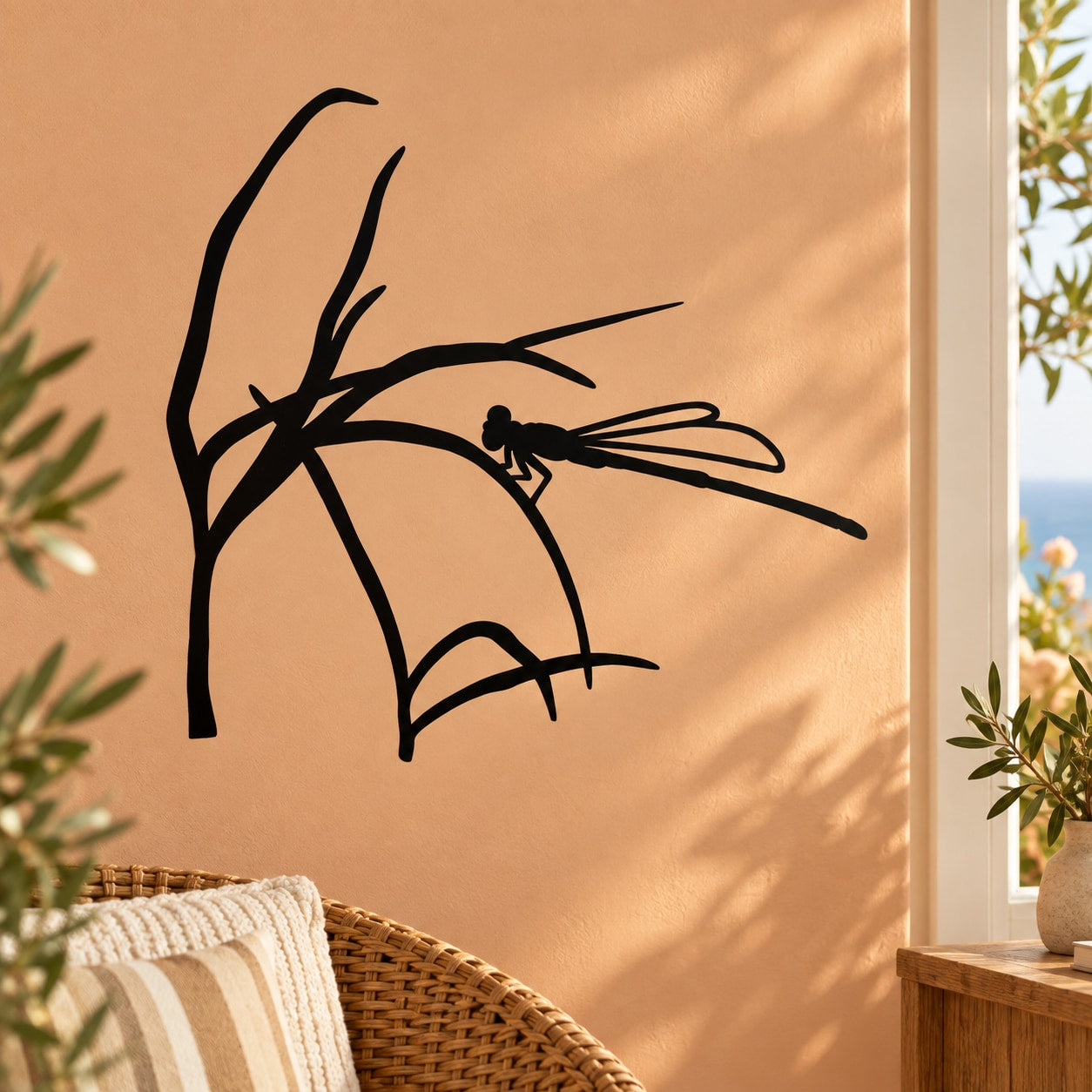 Black dragonfly on stick wall decal with plant branch design