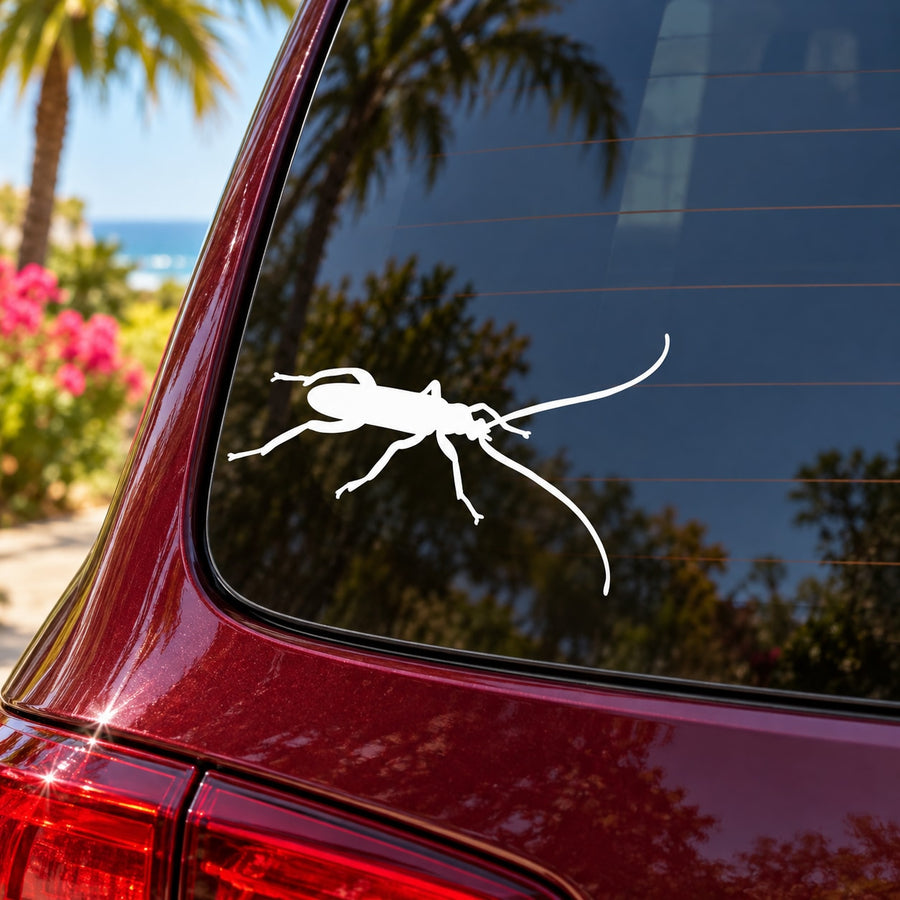 Ant beetle car window decal, white insect silhouette on dark glass