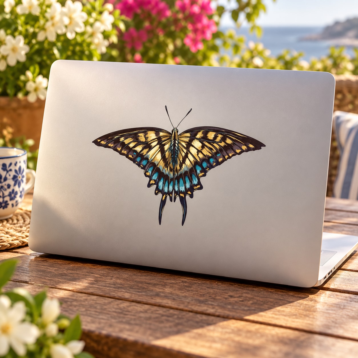 Butterfly flying decal with blue, yellow and black wings on a light laptop lid