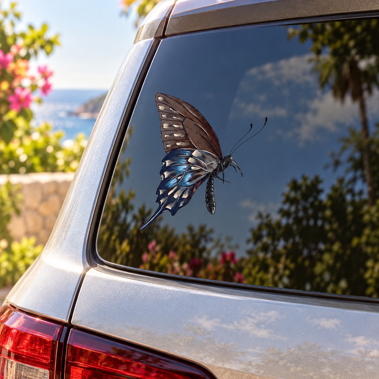 Moonlight butterfly car window decal, blue and dark brown butterfly