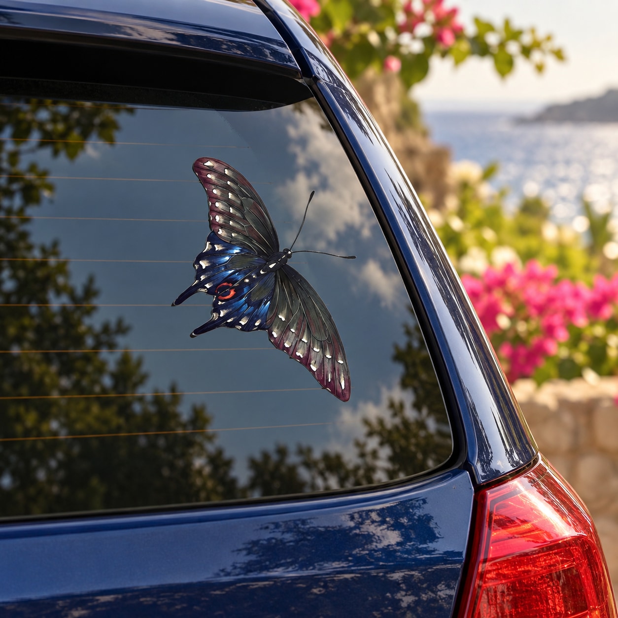 Flying butterfly car decal on blue vehicle window, iridescent wings