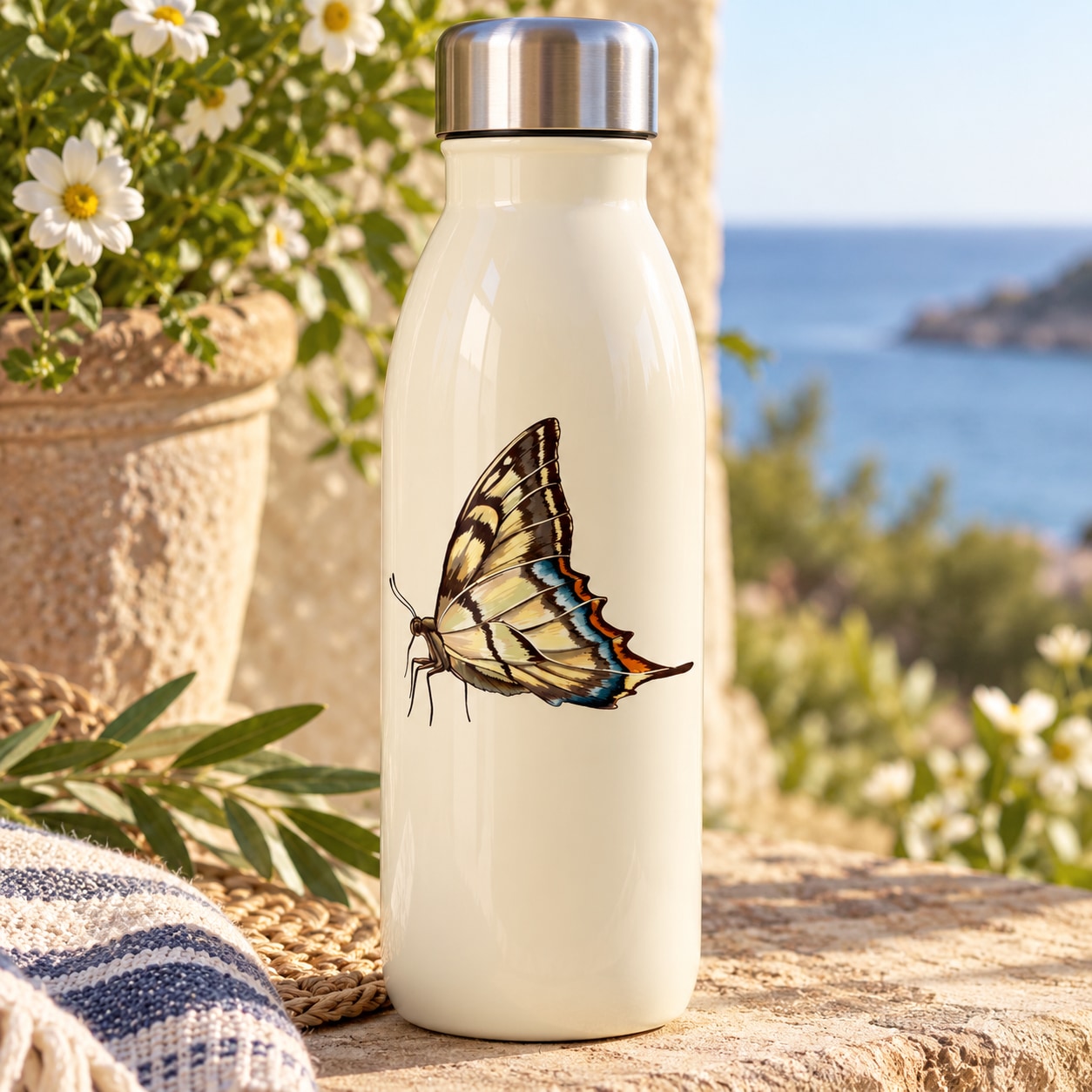Off-white bottle with blue-and-gold butterfly decal on front