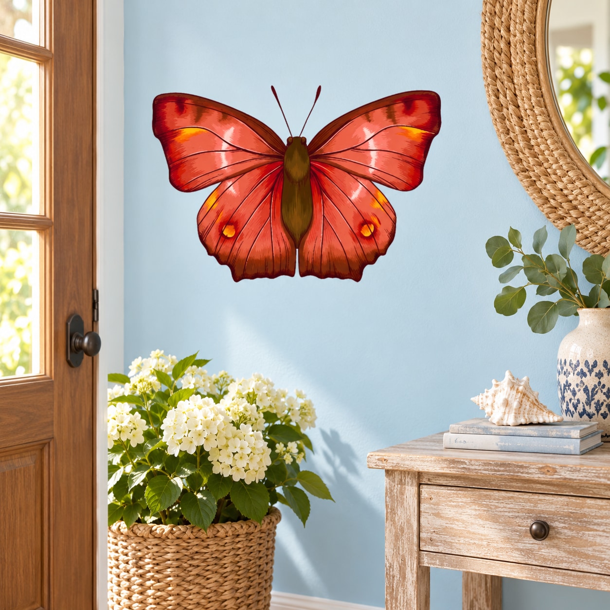 Red wing butterfly wall decal with spread wings and vein-like details