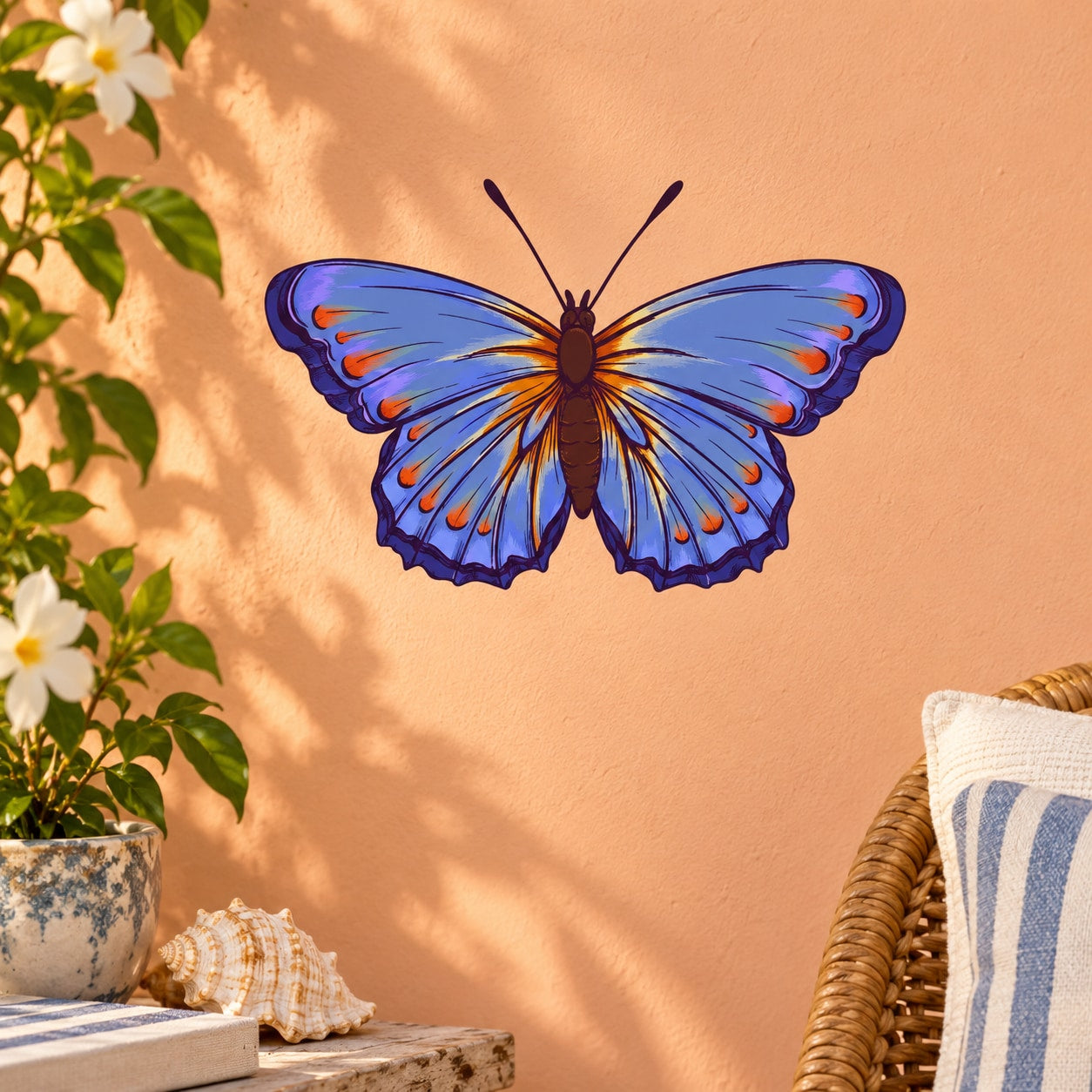 Blue butterfly wing spread wall decal with detailed blue wings and antennae