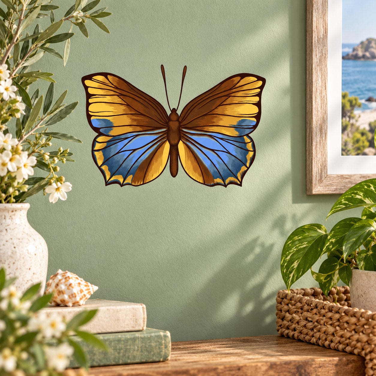 Multi-color butterfly wing spread wall decal with detailed blue, yellow, and orange wings