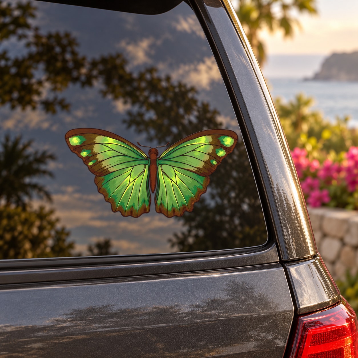 Colorful moth butterfly decal with green wings on a car window