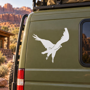 Buzzard vulture decal with white bird silhouette on dark vehicle