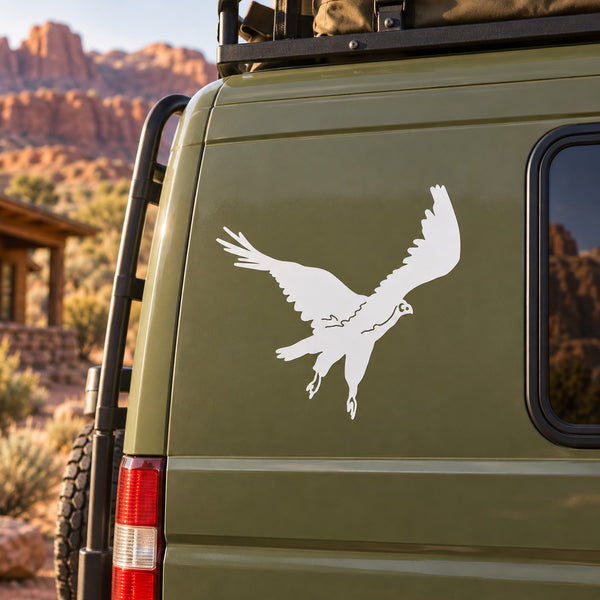 Buzzard vulture decal with white bird silhouette on dark vehicle