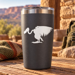 Matte black tumbler with white cartoon vulture decal