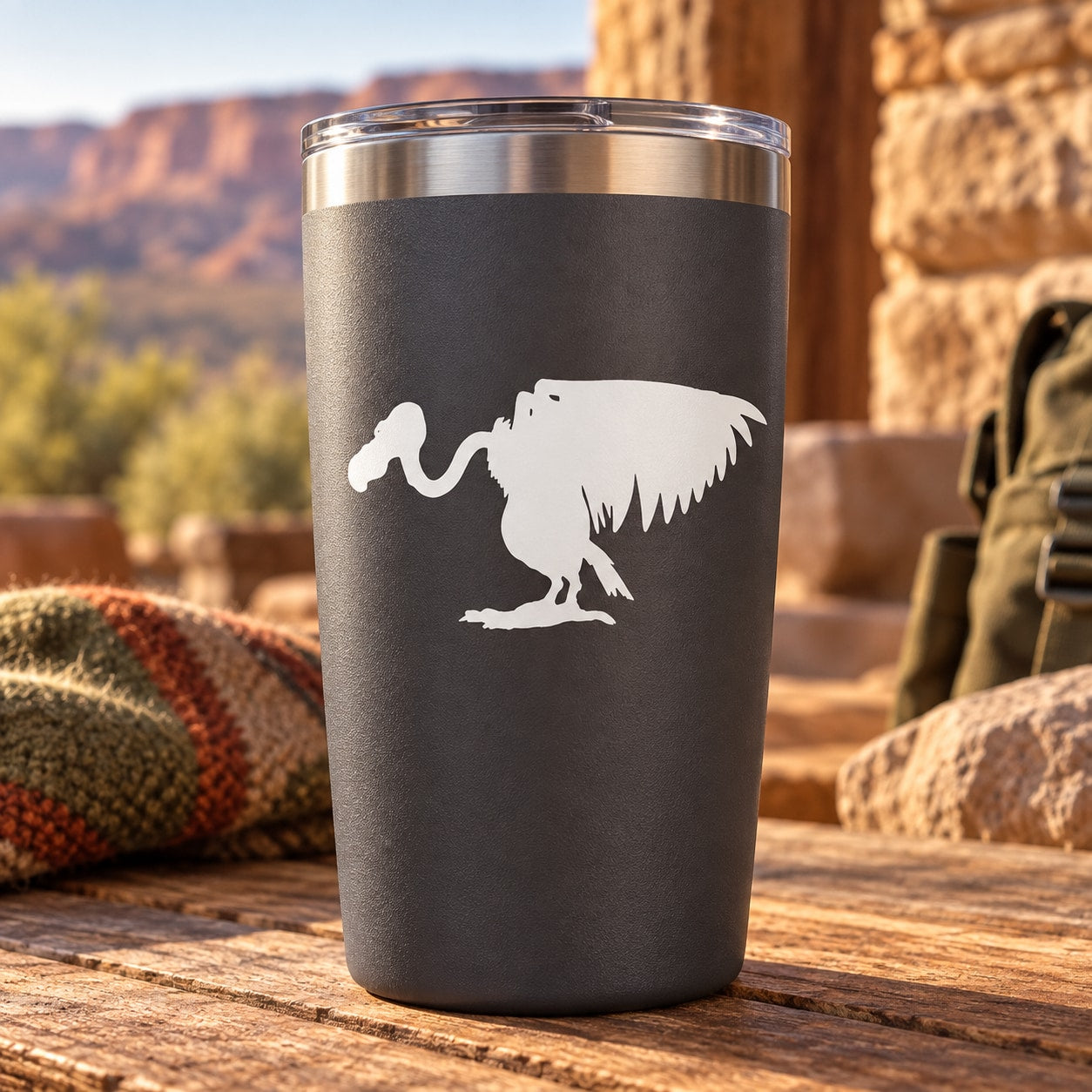Matte black tumbler with white cartoon vulture decal