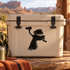 Cartoon flying vulture decal, black silhouette on a light-colored cooler lid