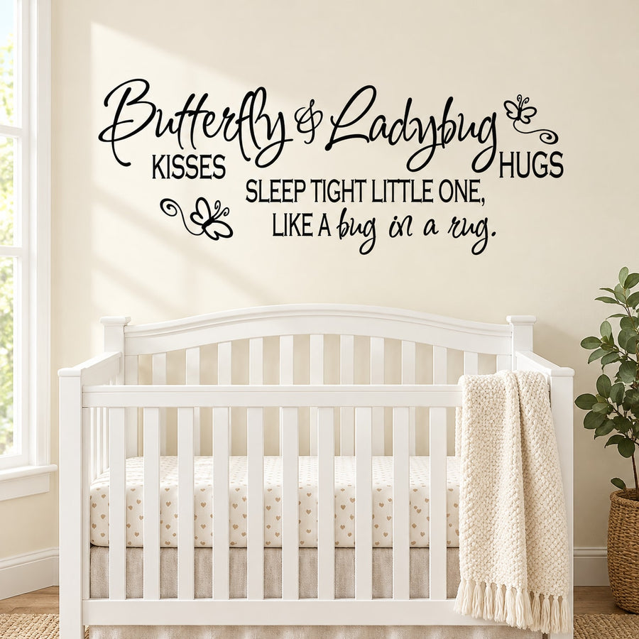 Butterfly and ladybug sleep wall decal with cursive quote and small bug illustrations