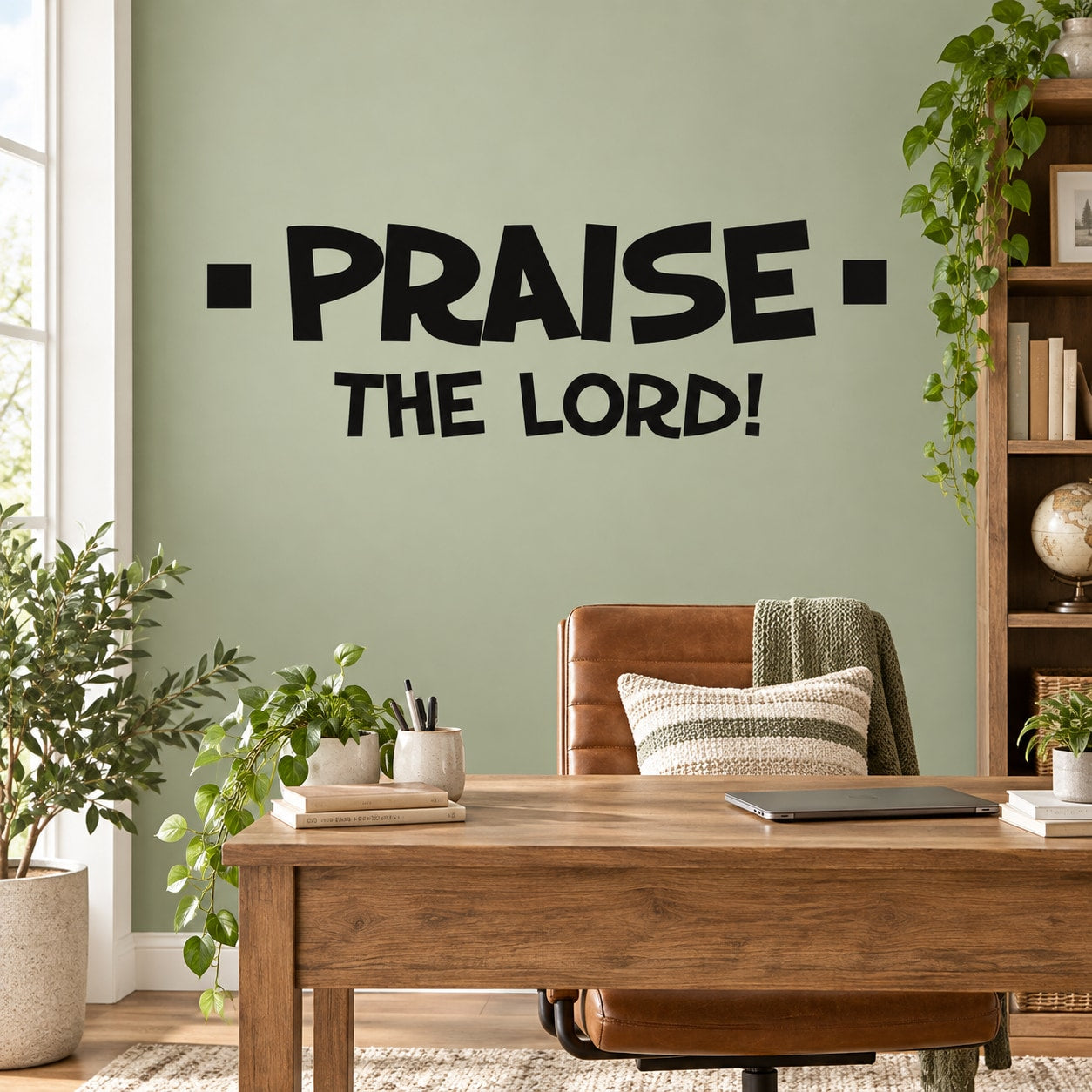 Praise the Lord wall decal with bold black and white "PRAISE THE LORD!" text