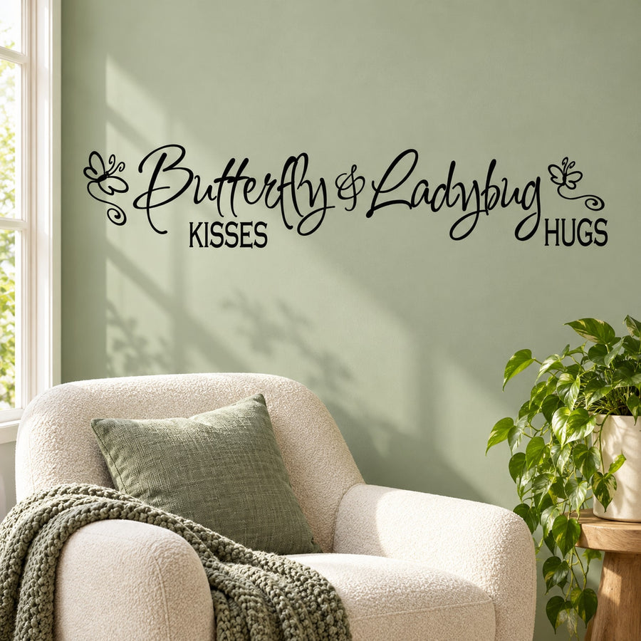 Butterfly kisses and ladybug hugs wall decal with cursive text and small insect icons