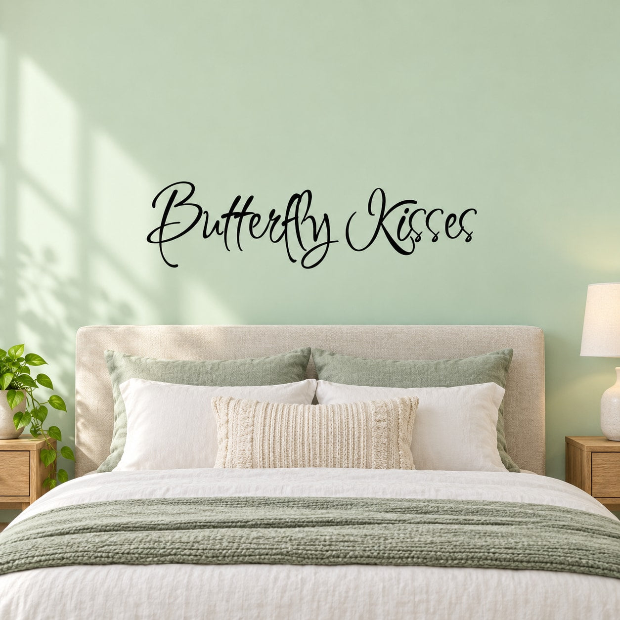 Butterfly kisses Text Wall Decal — illustrative vinyl decal application mockup. Surrounding objects are not included.