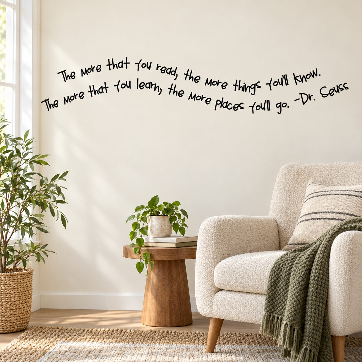 Dr. Seuss wall decal with reading quote in black lettering on a light wall
