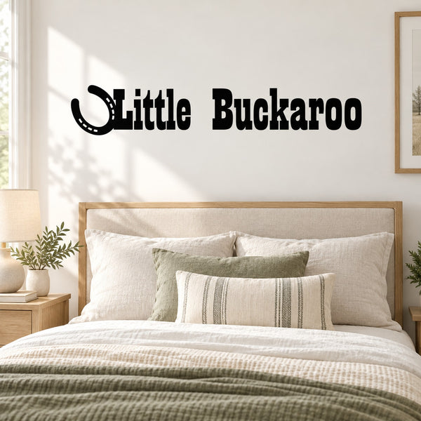 Black Little Buckaroo horseshoe wall decal, stylized cowboy lettering
