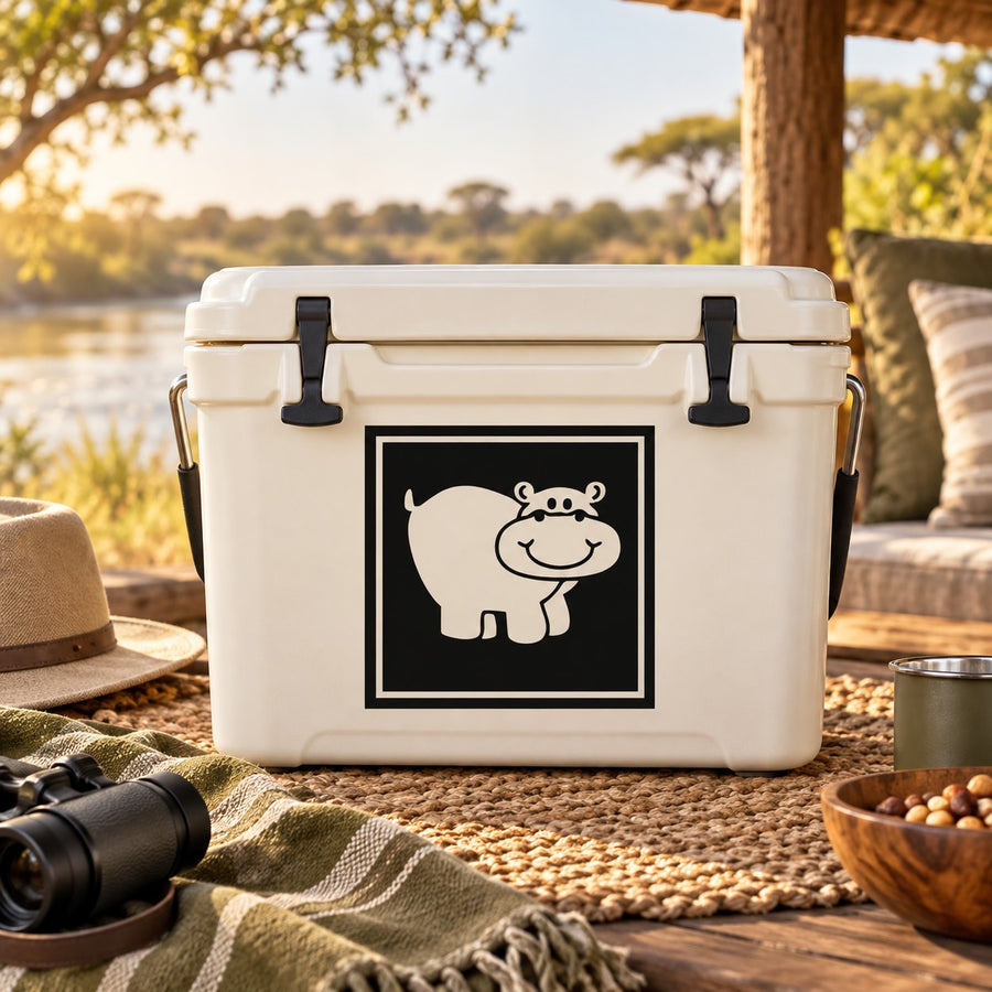 Smiling hippo square decal on cooler, black background with white hippo illustration