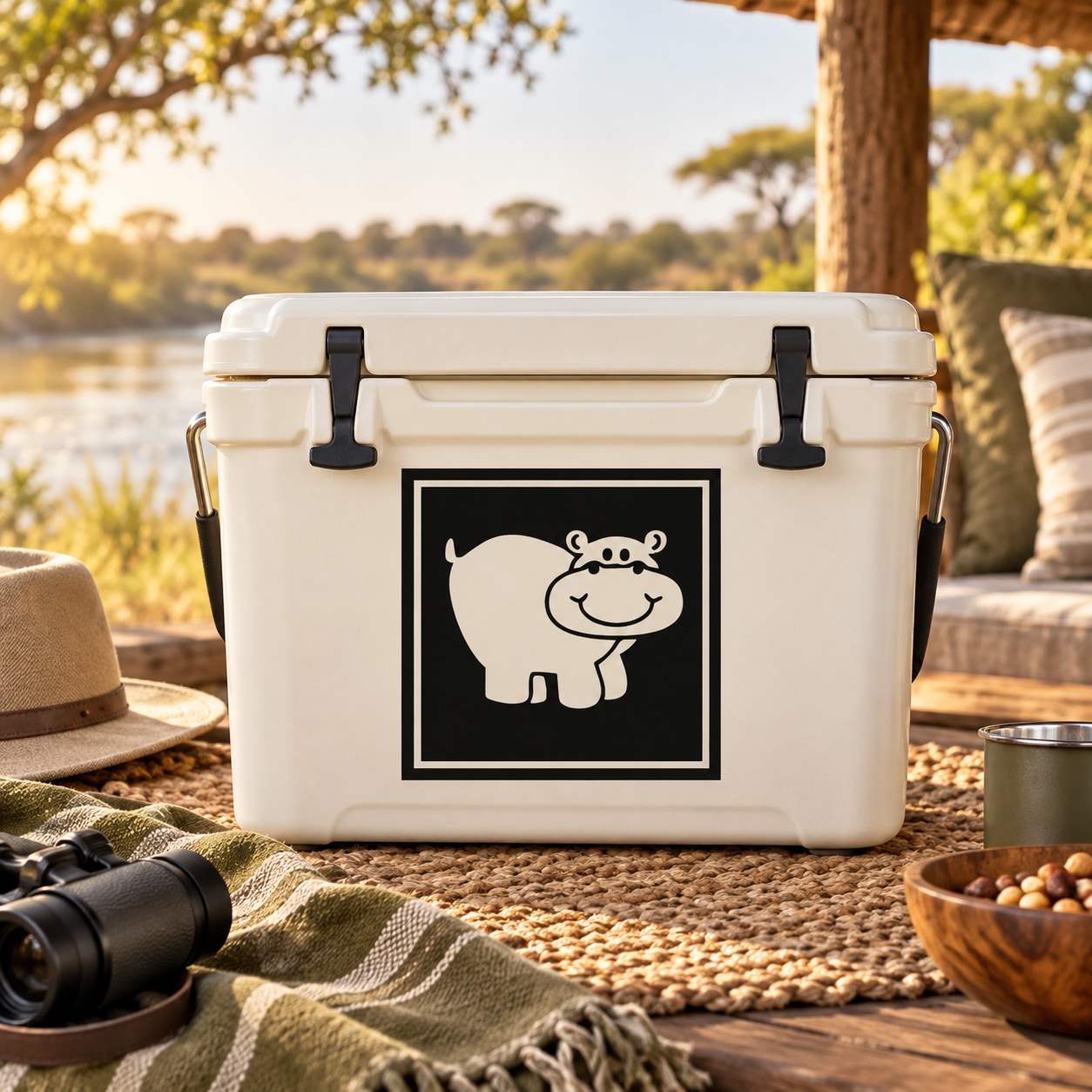 Smiling hippo square decal on cooler, black background with white hippo illustration