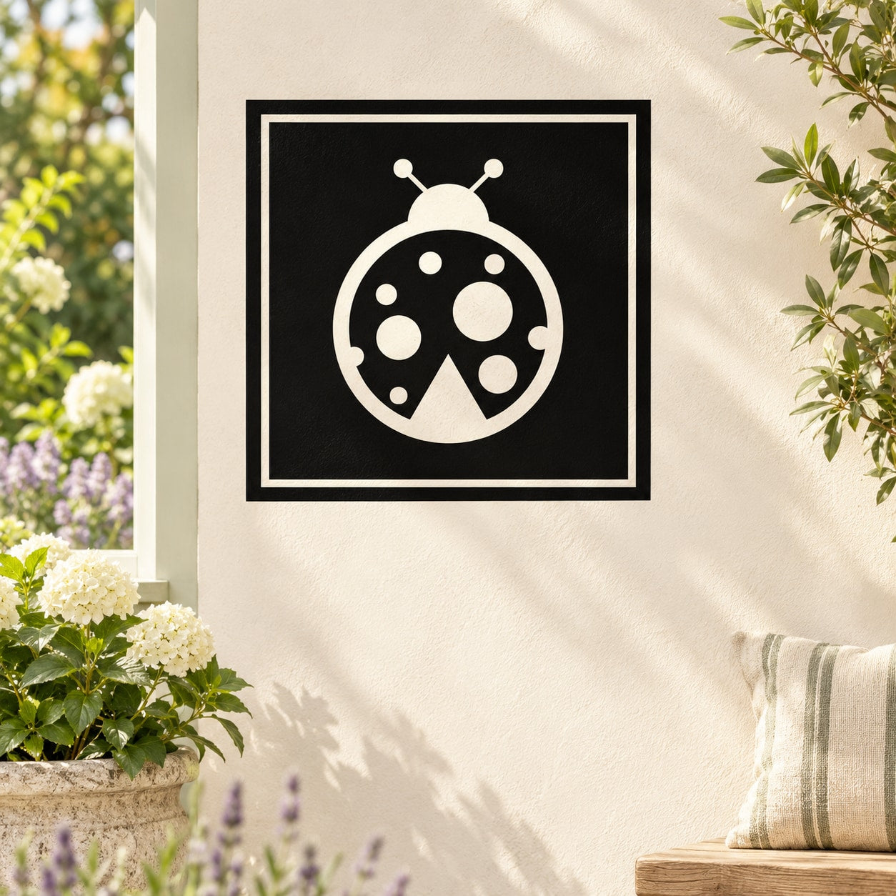 Square frame ladybug wall decal with white ladybug icon on black background